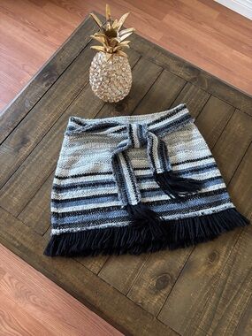 10 Crosby Derek Lam Black & White Striped Bouclé Mini Skirt with Waist Tie